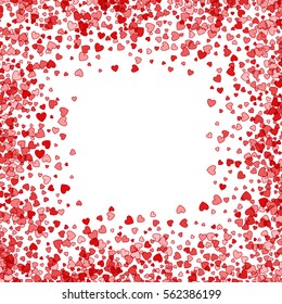 Square red frame or border of random scatter hearts. Design element for festive banner, greeting card, postcard, wedding invitation, Valentines day and save the date card. Vector illustration.