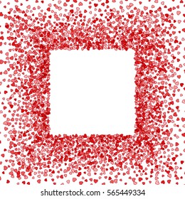Square red frame or border of random scatter hearts. Design element for festive banner, greeting card, postcard, wedding invitation, Valentines day and save the date card. Vector illustration.