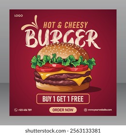 Square Red Hot and Cheesy Burger Poster For Marketing Purposes, Food Poster, Food Banner, Food Flyer, Restaurant Poster, Restaurant Banner, Restaurant Flyer