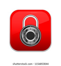 Square red lock button, glass, shiny, with glare, vector illustration. For web games, stores or web applications. The castle is of gray, silver color. Isolated on white background.