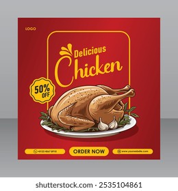 Square Red Premium Delicious Chicken Poster For Marketing Purposes, Food Banner, Food Poster, Food Flyer, Restaurant Flyer, Restaurant Banner, Restaurant Poster,Ads Poster, Ads Banner, Ads Flyer
