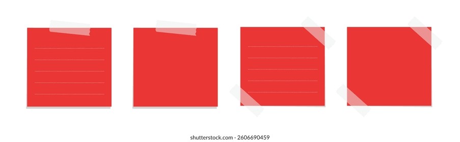 Square red sticky post note template mockup set. Taped office memo paper vector illustration.