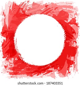Square red vector background with round frame for text. Abstract vector brush strokes.