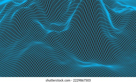 Square region Outlines. Abstract CG wireframe background. 3D grid technology illustration landscape. Digital Terrain Cyberspace in the Mountains with valleys. Blue on Black colors. Data Array. Vector.