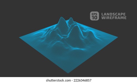 Área cuadrada Líneas directas. Fondo de trama abstracta. paisaje de ilustración de tecnología de cuadrícula 3D. Ciberespacio Digital Terrain en las montañas con valles. Azul sobre los colores negros. Matriz de datos. Vector.