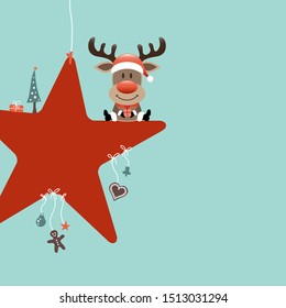 Square Reindeer Sitting On Red Star With Icons Turquoise