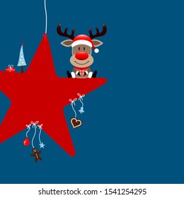 Square Reindeer Sitting On Star With Icons Dark Blue