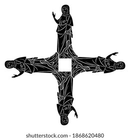 Square religious Christian pattern or frame. Cross with four medieval saint women. Catholic Virgin Mary. Blessing gesture, Black and white silhouette.