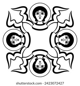 Square religious ornament with heads of medieval angels or cherubs with wings and nimbuses. Christian icon. Holy symbols. Black and white silhouette.