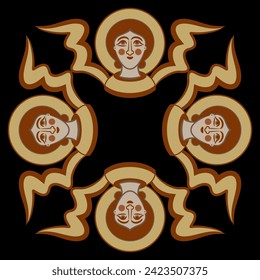 Square religious ornament with heads of medieval angels or cherubs with wings and nimbuses. Christian icon. Holy symbols.