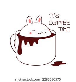 Square retro card with cute animal in cup in kawaii style. Vintage style card with lovely little bunny in cup. Can be used for t-shirt print, stickers, greeting card design. Vector illustration EPS8
