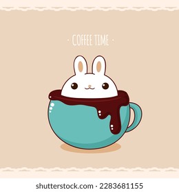 Square retro card with cute animal in cup in kawaii style. Vintage style card with lovely little bunny in cup. Can be used for t-shirt print, stickers, greeting card design. Vector illustration EPS8