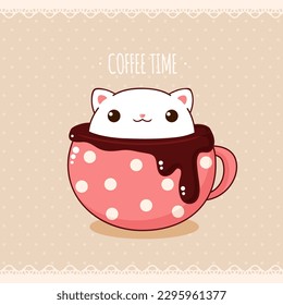 Square retro card with cute animal in cup in kawaii style. Vintage style card with lovely little cat in cup. Can be used for t-shirt print, stickers, greeting card design. Vector illustration EPS8