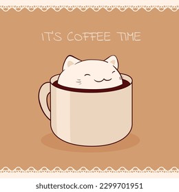 Square retro card with cute animal in cup in kawaii style. Vintage style card with lovely little cat in cup. Can be used for t-shirt print, stickers, greeting card design. Vector illustration EPS8
