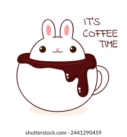 Square retro card with cute animal in cup in kawaii style. Vintage style card with lovely little bunny in cup. Can be used for t-shirt print, stickers, greeting card design. Vector illustration EPS8