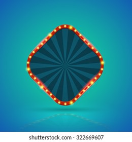 Square retro light banner with light bulbs on the contour. Vector illustration. Can use for promotion advertising.