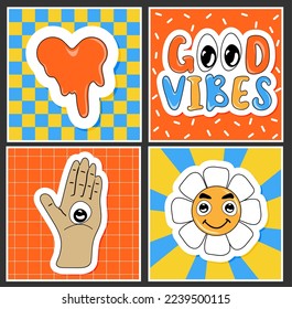 Square retro posters, sticker pack. Funny cartoon characters. Vector illustration of heart, flower, hand and good vibes text. Set of comic elements in trendy retro cartoon style