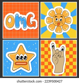 Square retro posters, sticker pack. Funny cartoon characters. Vector illustration of sun, star, hand and omg text. Set of comic elements in trendy retro cartoon style
