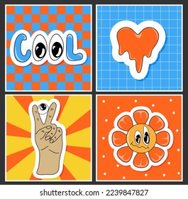 Square retro posters, sticker pack. Funny cartoon characters. Vector illustration of flower, heart, hand and cool text. Set of comic elements in trendy retro cartoon style