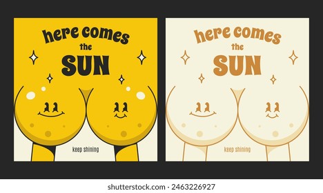 Square retro posters. Sun character in y2k groovy style. Here Comes The Sun text.