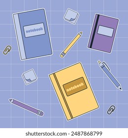 Square retro set template with school supplies, stationery and items. Back to school concept for web and promotional materials. Sale leaflet, advertising. isolated on blue-lilac background.