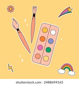 Square retro set template with school supplies, stationery and items. Back to school concept for web and promotional materials. Sale leaflet, advertising. Isolated on yellow background.