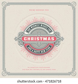 square retro vector christmas card design/template with ornamental round label or badge, corresponding frame, starburst and letterpress effect - perfect for your holiday and season's greetings