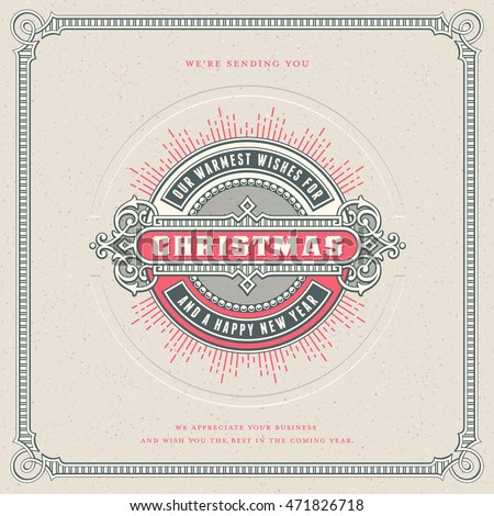 square retro vector christmas card design/template with ornamental round label or badge, corresponding frame, starburst and letterpress effect - perfect for your holiday and season's greetings