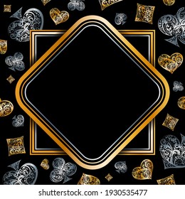 Square and rhombus frame with vector playing card suit symbols. Gambling background. Vintage luxury illustration in silver and golden colors on black backdrop. For banner, poster, poker design element