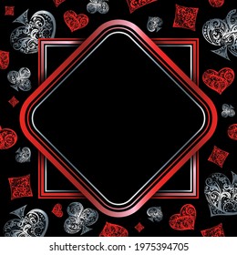 Square and rhombus frame with vector playing card suit symbols. Gambling background. Vintage luxury illustration in silver and red colors on black backdrop. For banner, poster, poker design element