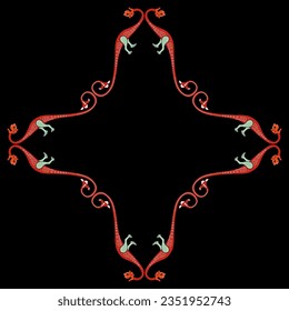 Square rhombus shape animal design or frame with fantastic medieval dragons. Illuminated manuscript motif. 