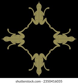 Square rhombus shape animal frame with four stylized funny frogs or toads. Russian medieval design. On black background.