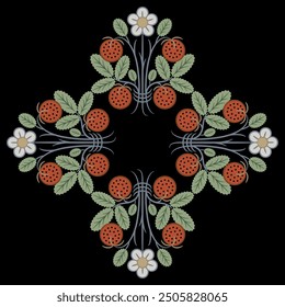 Square rhombus shape floral ornament or frame with branches of strawberry plant. Geometrical botanical design with green leaves, white flowers and ripe red berries on black background. 