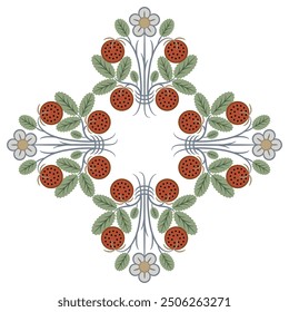 Square rhombus shape floral ornament or frame with branches of strawberry plant. Geometrical botanical design with green leaves, white flowers and ripe red berries. 