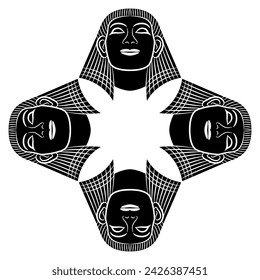 Square rhombus shape geometrical ethnic mandala with four heads of ancient Egyptian man or pharaoh wearing nemes hat. Black and white silhouette.