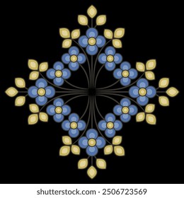 Square rhombus shape ornament with floral motifs. Geometrical design with stylized blooming branches with yellow golden leaves and blue flowers. Folk style. On black background.