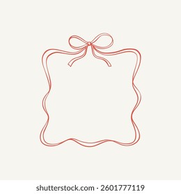 Square ribbon bow frame. Vintage vector illustration. Hand drawn aesthetic vertical border. Christmas, Valentines day, birthday, menu, bachelorette party design line art element
