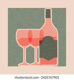 Square risograph poster with wine, glasses, modern flat style