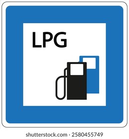 Square road sign with blue border indicating the presence of an lpg filling station, providing information for drivers seeking liquefied petroleum gas.