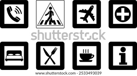 Square Road Signs. Vector Icons. Telephone, Crosswalk, Airport, First Aid. Hotel, Restaurant, Highway Diner and Information