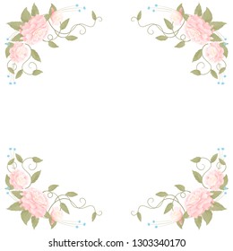 Square romantic frame with pink peonies on a white background, corner bouquets of flowers, decoration