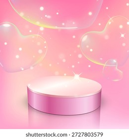 Square romantic scene with glossy pink cylindrical podium on soft light pink background. Floating bubble hearts and tiny glowing lights create magical Valentine atmosphere, perfect for love themed promotions, beauty ads and festive designs.
