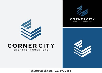 Square Room Building Corner with Initial Letter C and layered lines staples logo design