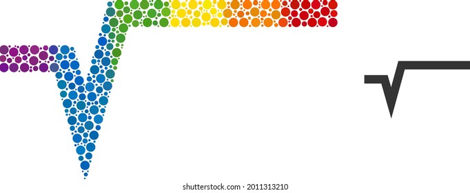 Square root collage icon of filled circles in different sizes and spectrum color hues. A dotted LGBT-colored square root for lesbians, gays, bisexuals, and transgenders.