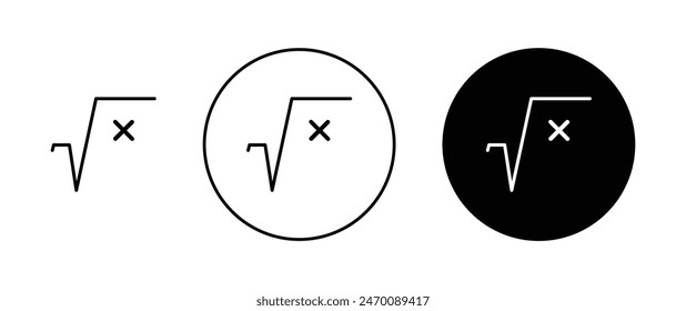 Square root icon set. math root number formula vector symbol. mathematic square root of x icon in black filled and outlined style.