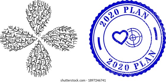 Square root rotation flower with four petals, and blue round 2020 PLAN rough stamp with icon inside. Object cluster done from oriented square root symbols. Vector flower collage in flat style.