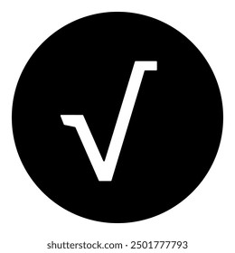 Ein Quadratwurzelsymbol in der Mitte. Weißes Symbol einzeln auf schwarzem Kreis. Vektorgrafik auf weißem Hintergrund