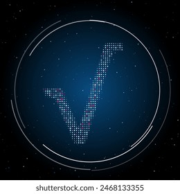 The square root symbol filled with white dots. Pointillism style. Some dots is pink. Vector illustration on blue background with stars