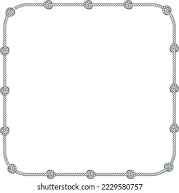 Square rope frame isolated on white background. Twisted cord with decorative loops and nautical knots. Braided rope decor. Vintage flat cartoon vector border.