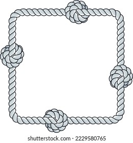 Square rope frame isolated on white background. Twisted cord with decorative loops and nautical knots. Braided rope decor. Vintage flat cartoon vector border.